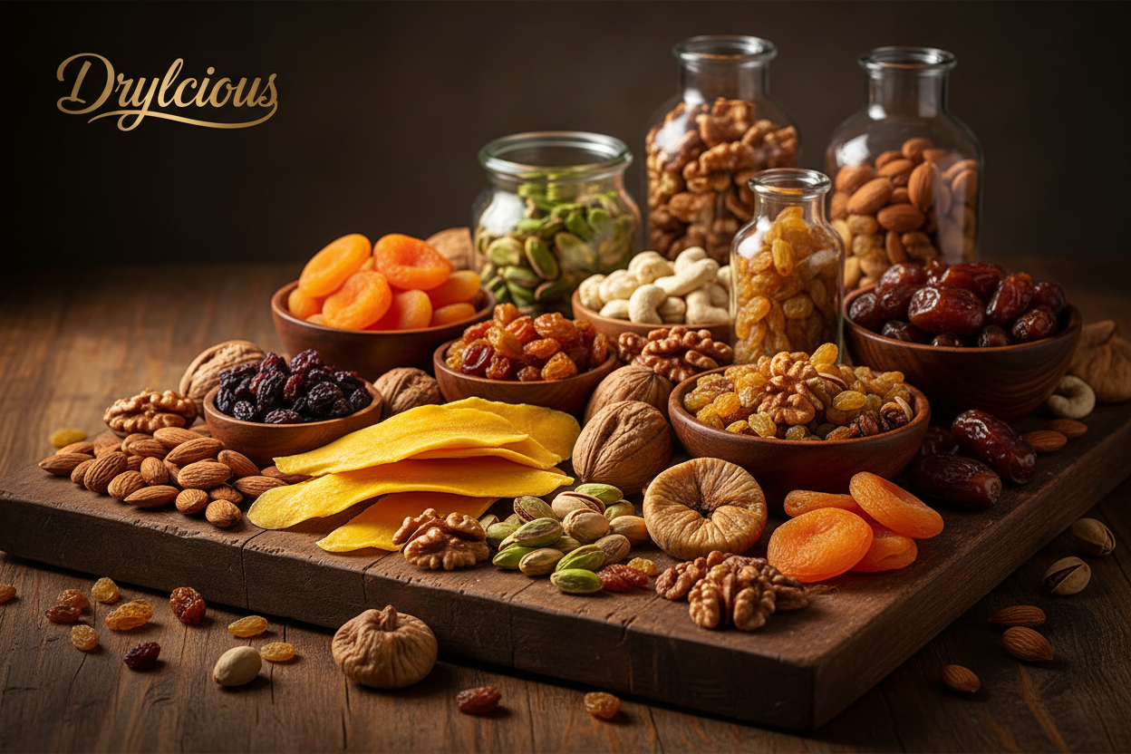 create a image for new letter cover photo for drylicious showing premium dryfruits and dehydrated fruits 